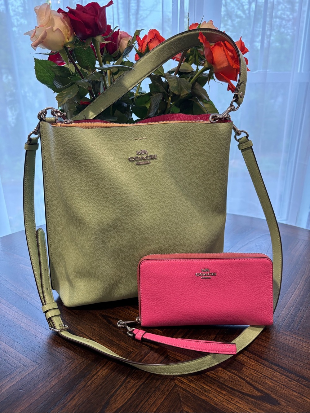 Coach Mollie Shoulder Bag & Wallet Set in Light Green and Hot Pink